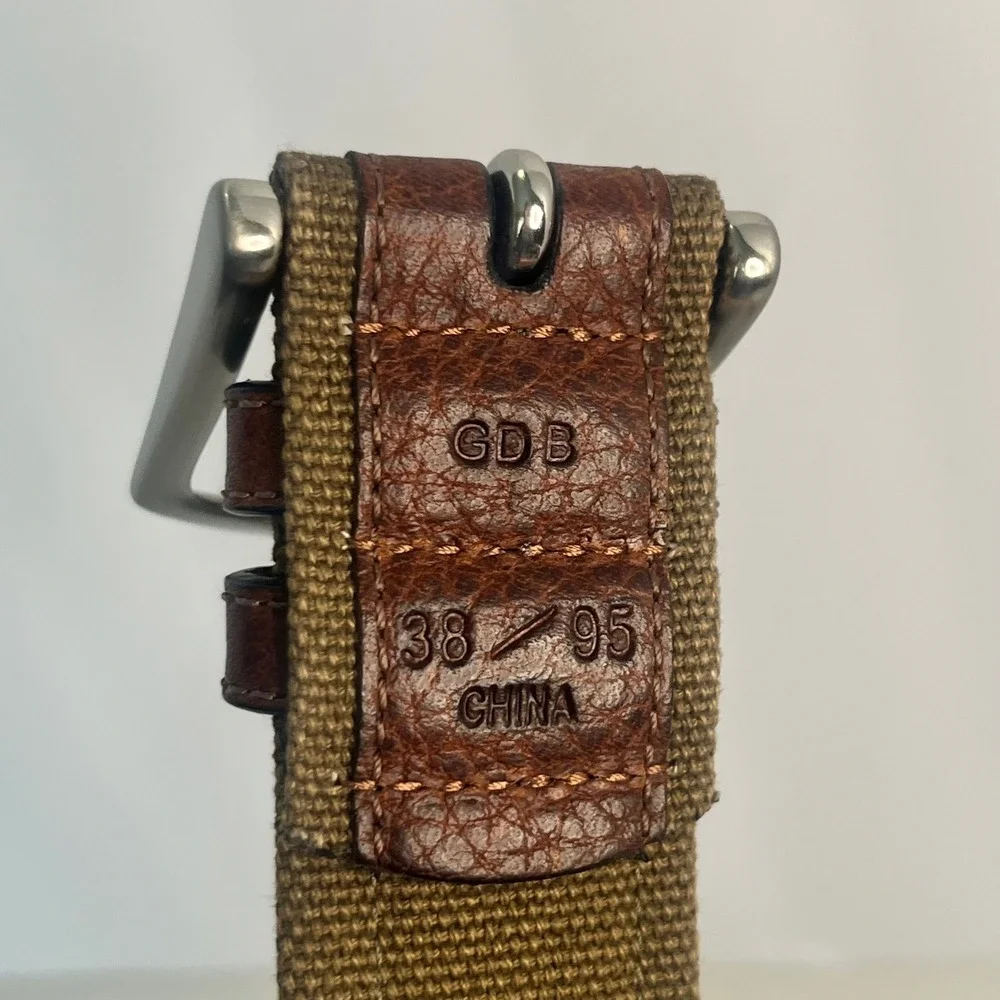 Nautica Mens Brown Leather Khaki Canvas Webbing Belt Size 38 GDB Silver Buckle